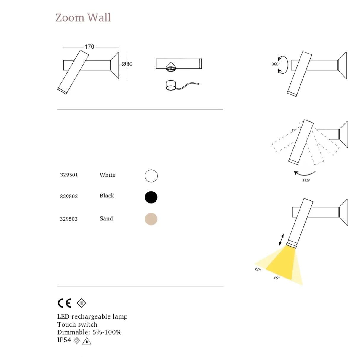 Ubiqua ZOOM WALL – Draadloze Wandlamp | Zwart