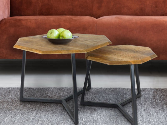 Salontafel set van 2 achthoekige bijzettafels (nesttafels) Las Vegas met metalen frame